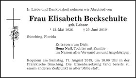 Traueranzeige Elisabeth Beckschulte