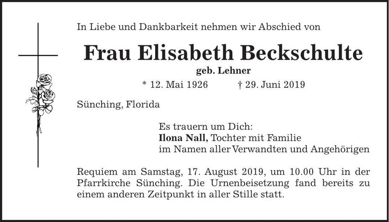 Traueranzeige Elisabeth Beckschulte