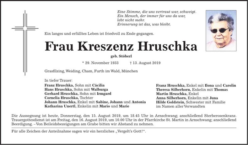 Traueranzeige Kreszenz Hruschka