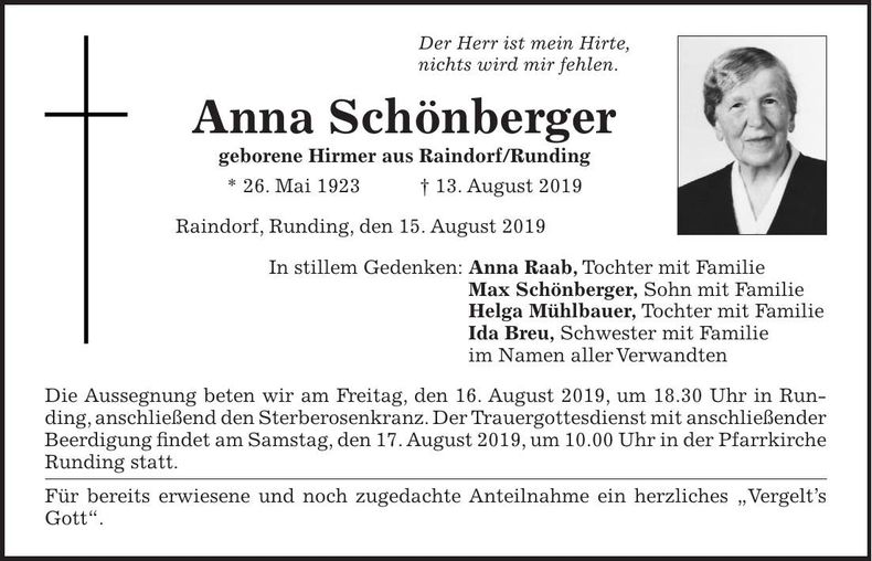 Traueranzeige Anna Schönberger