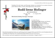 Traueranzeige Bodil-Irene Hofinger