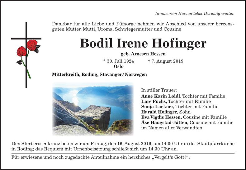 Traueranzeige Bodil-Irene Hofinger