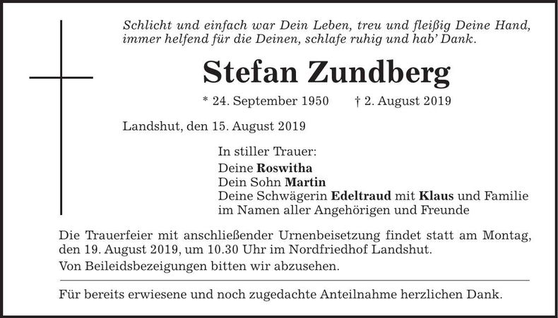 Traueranzeige Stefan Zundberg