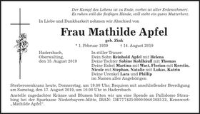 Traueranzeige Mathilde Apfel