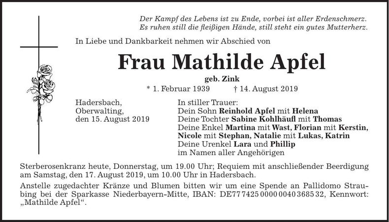 Traueranzeige Mathilde Apfel