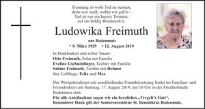 Traueranzeige Ludowika Freimuth