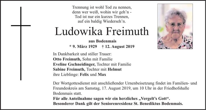 Traueranzeige Ludowika Freimuth