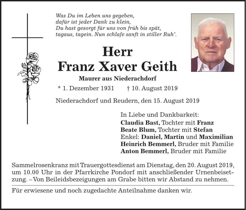 Traueranzeige Franz Xaver Geith