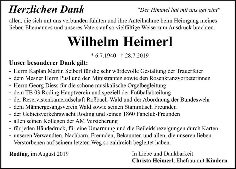 Traueranzeige Wilhelm Heimerl