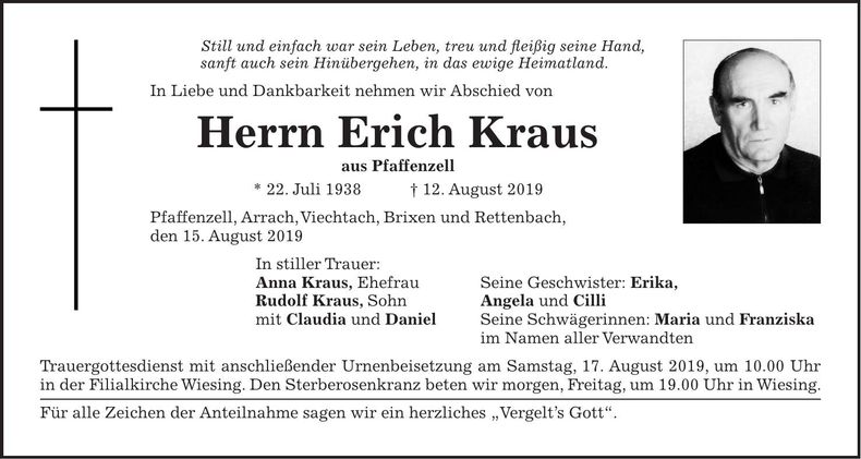 Traueranzeige Erich Kraus