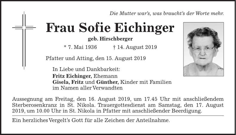 Traueranzeige Sofie Eichinger