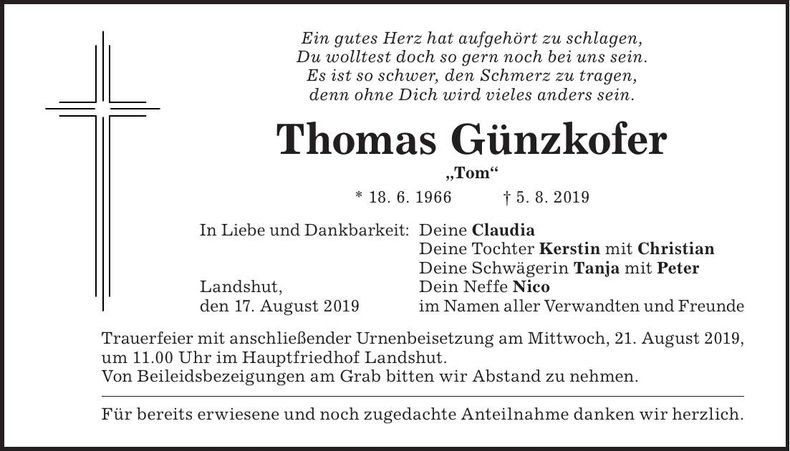Traueranzeige Thomas Günzkofer