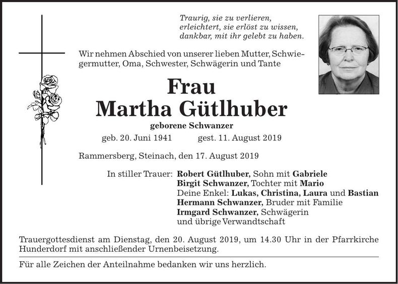 Traueranzeige Martha Gütlhuber