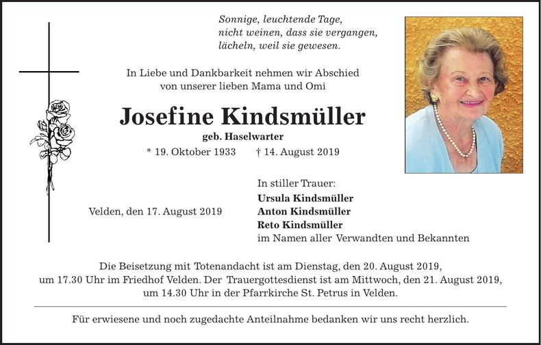 Traueranzeige Josefine Kindsmüller