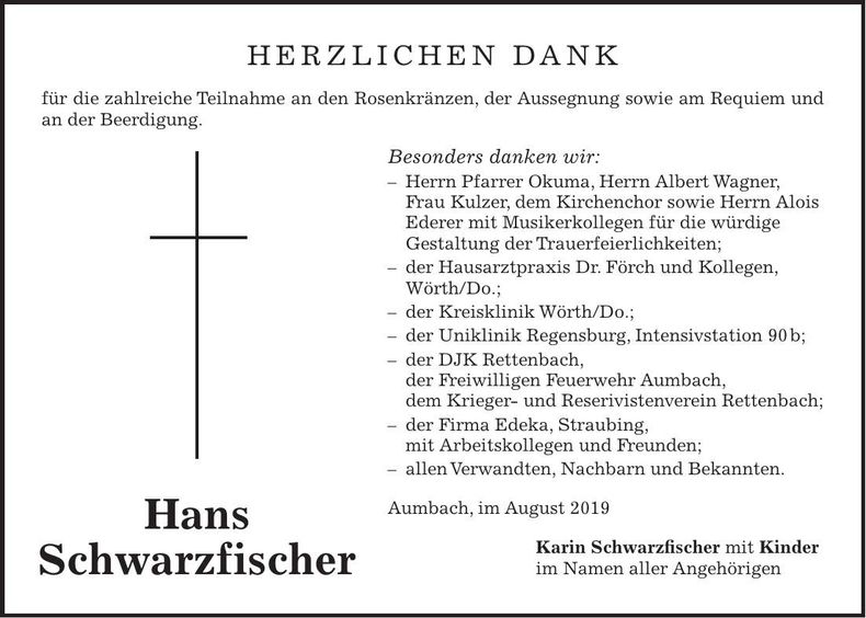Traueranzeige Hans Schwarzfischer