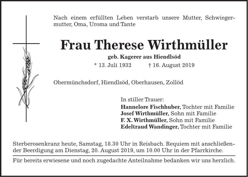 Traueranzeige Therese Wirthmüller
