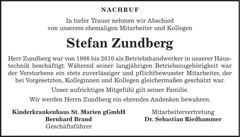 Traueranzeige Stefan Zundberg