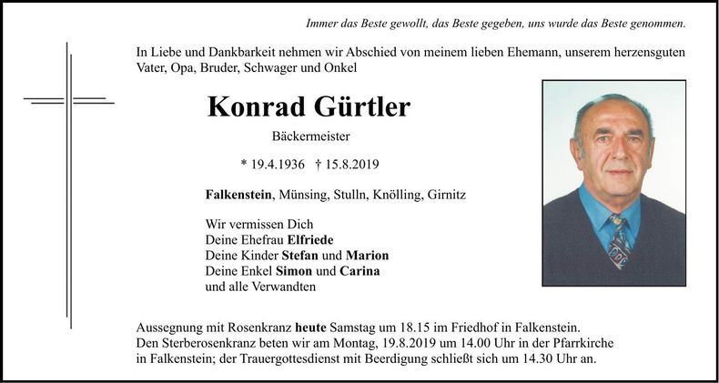 Traueranzeige Konrad Gürtler