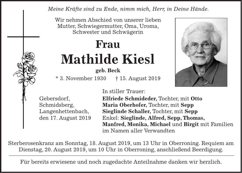 Traueranzeige Mathilde Kiesl