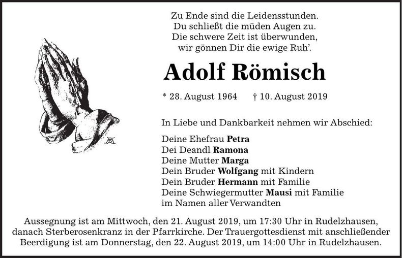 Traueranzeige Adolf Römisch