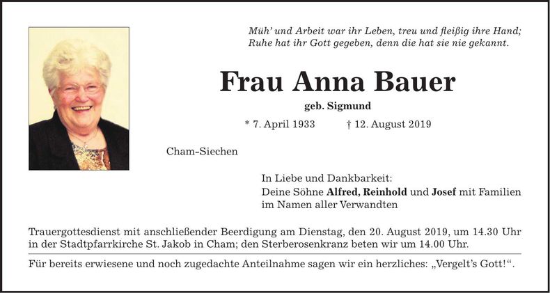 Traueranzeige Anna Bauer