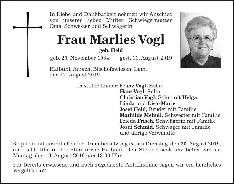 Traueranzeige Marlies Vogl