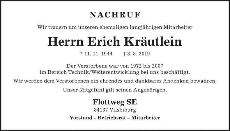 Traueranzeige Erich Kräutlein