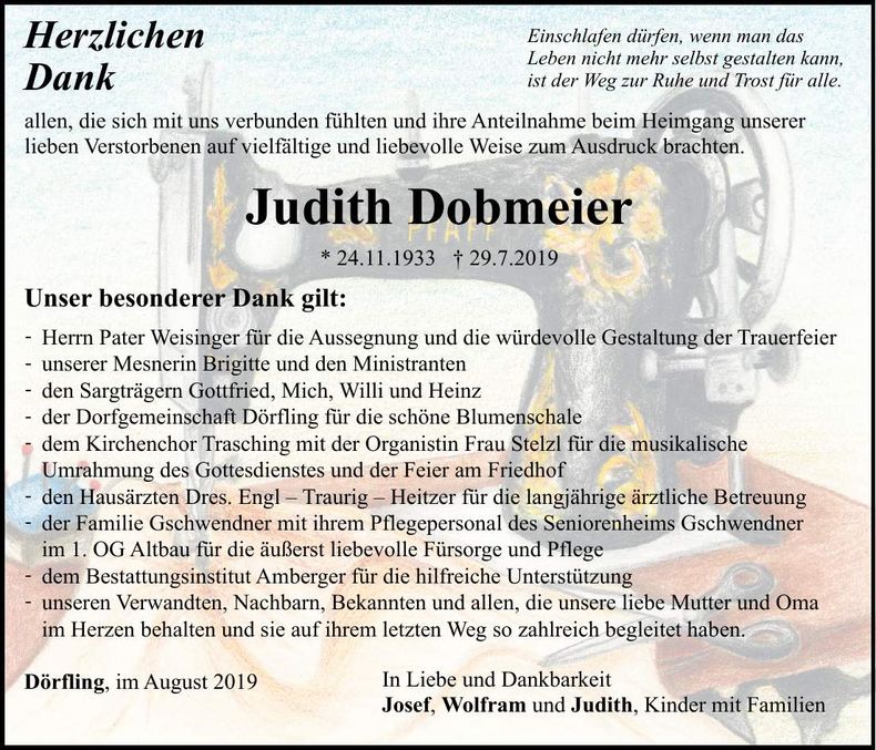 Traueranzeige Judith Dobmeier