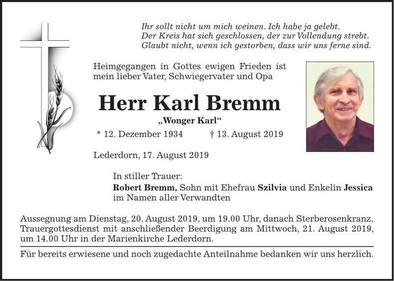 Traueranzeige Karl Bremm