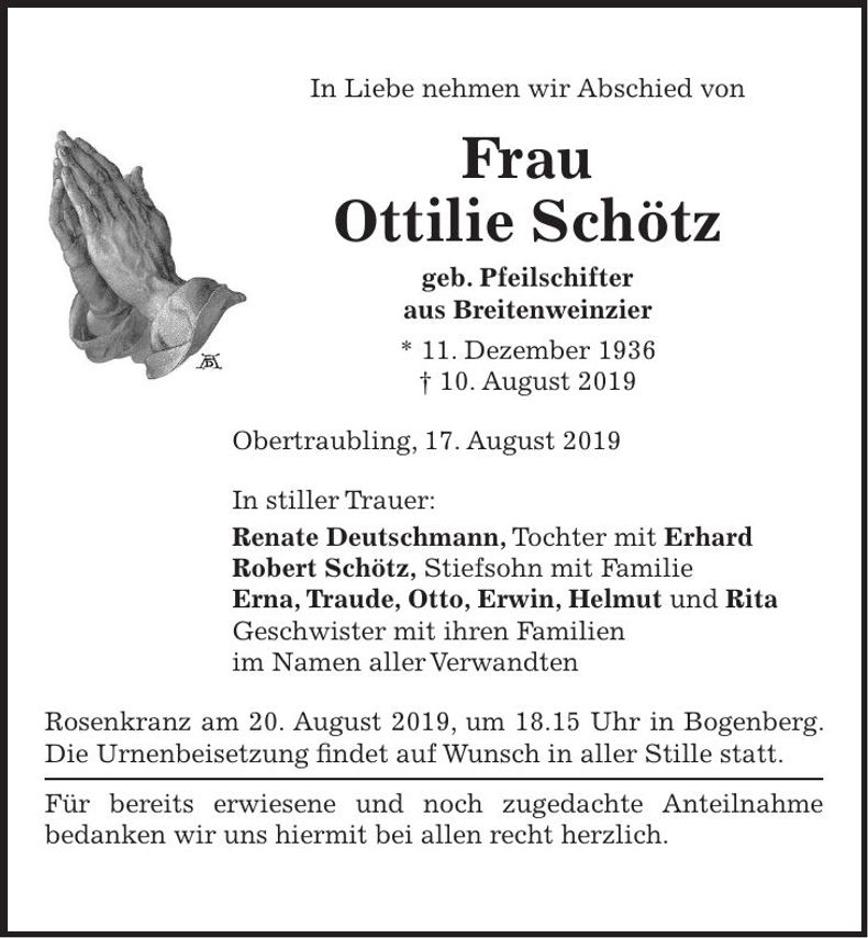Traueranzeige Ottilie Schötz