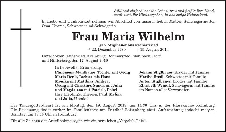 Traueranzeige Maria Wilhelm