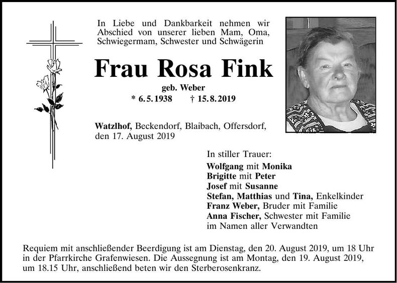 Traueranzeige Rosa Fink