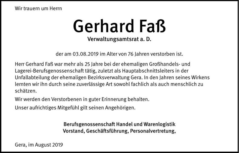 Traueranzeige Erhard Faß
