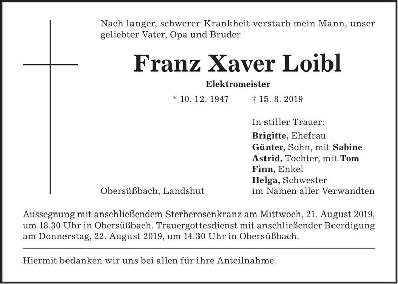 Traueranzeige Franz Xaver Loibl