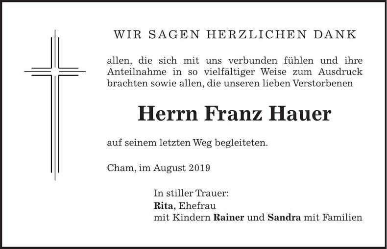 Traueranzeige Franz Hauer
