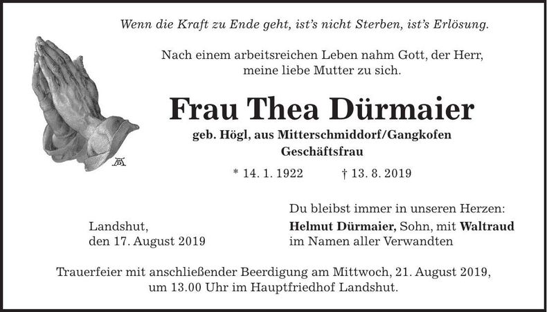 Traueranzeige Thea Dürmaier