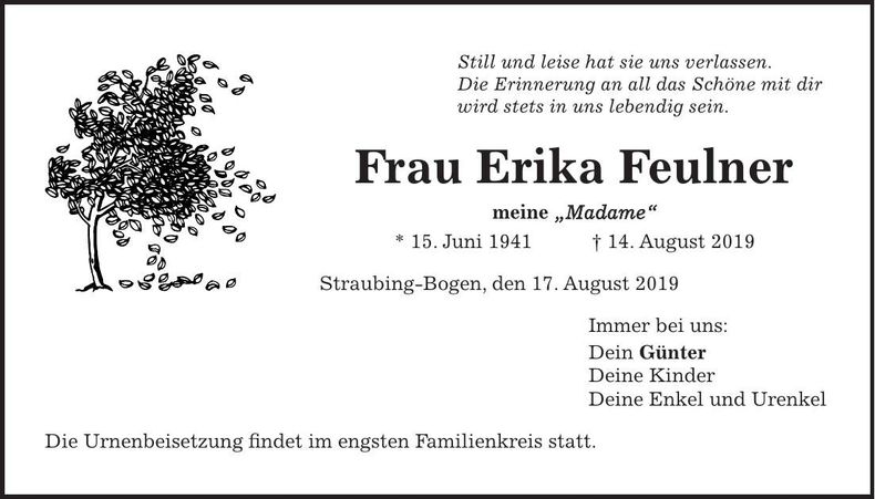 Traueranzeige Erika Feulner