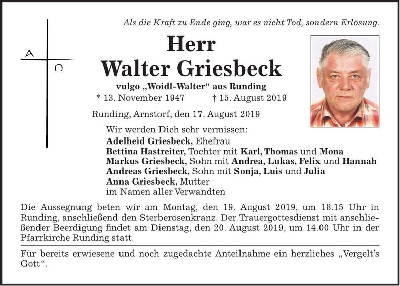 Traueranzeige Walter Griesbeck
