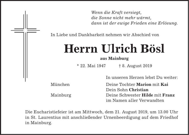 Traueranzeige Ulrich Bösl