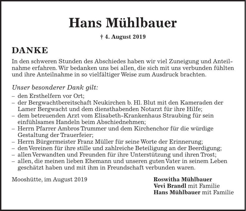 Traueranzeige Hans Mühlbauer
