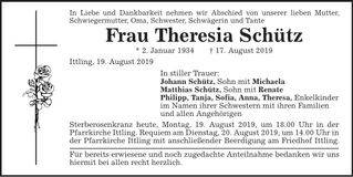 Traueranzeige Theresia Schütz
