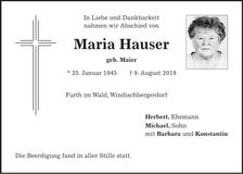 Traueranzeige Maria Hauser
