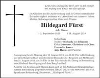 Traueranzeige Hildegard Fürst