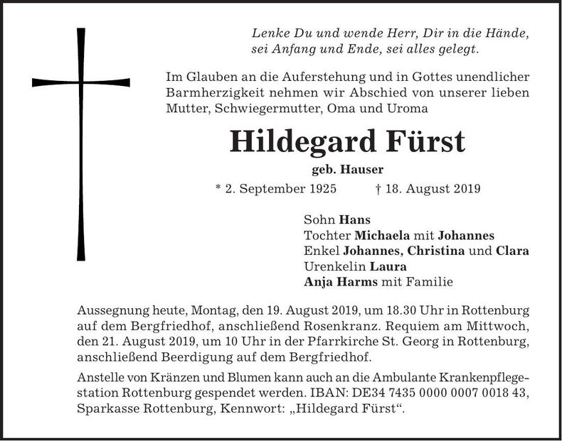 Traueranzeige Hildegard Fürst