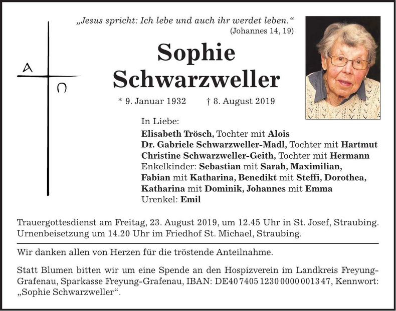 Traueranzeige Sophie Schwarzweller