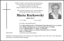 Traueranzeige Maria Kurkowski