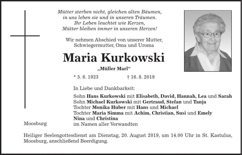Traueranzeige Maria Kurkowski