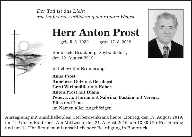Traueranzeige Anton Prost