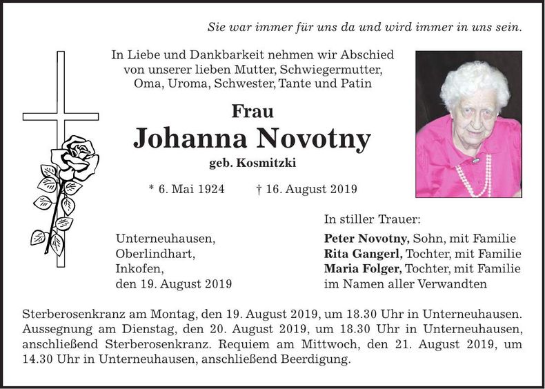 Traueranzeige Johanna Novotny
