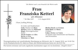 Traueranzeige Franziska Ketterl